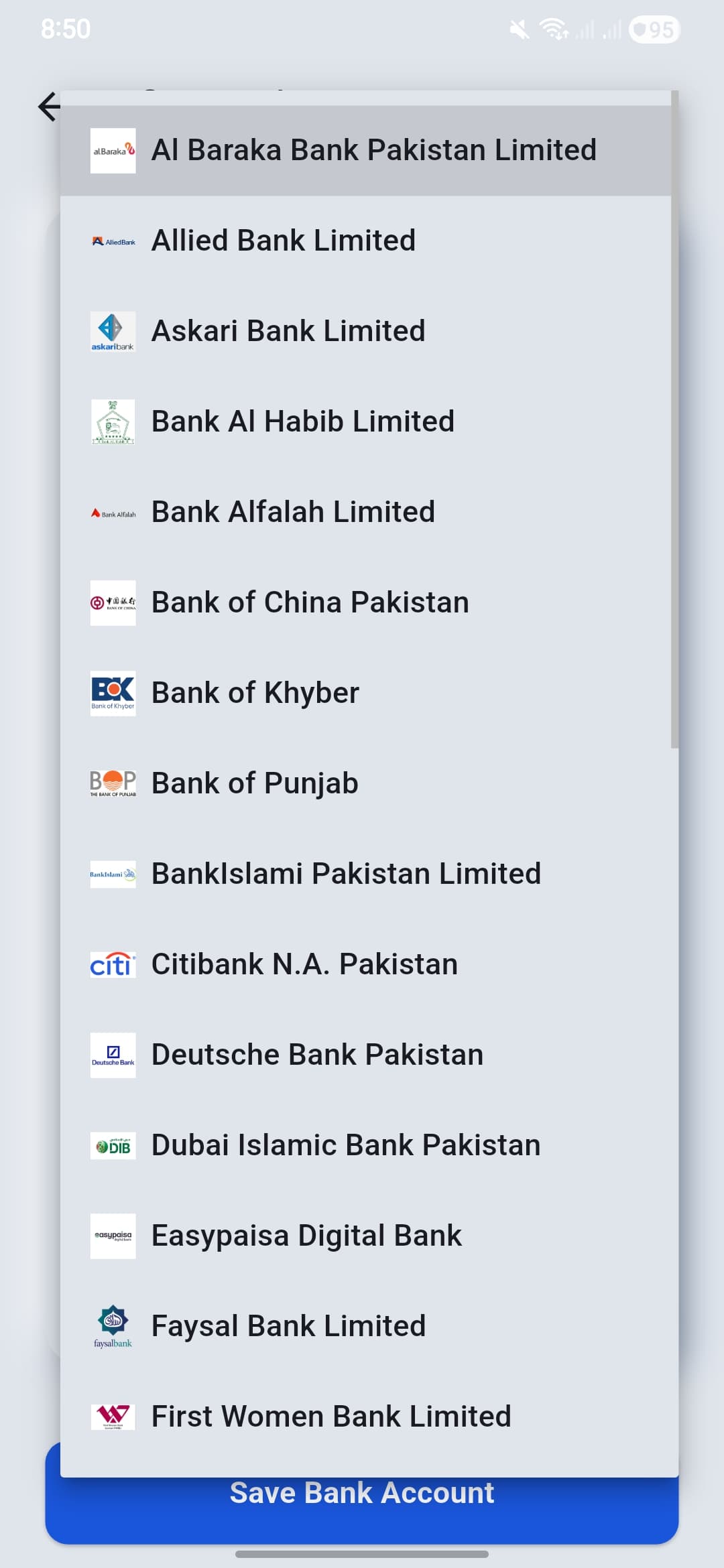 Yesri bank selection list showing Pakistani banks and Easypaisa Digital Bank.