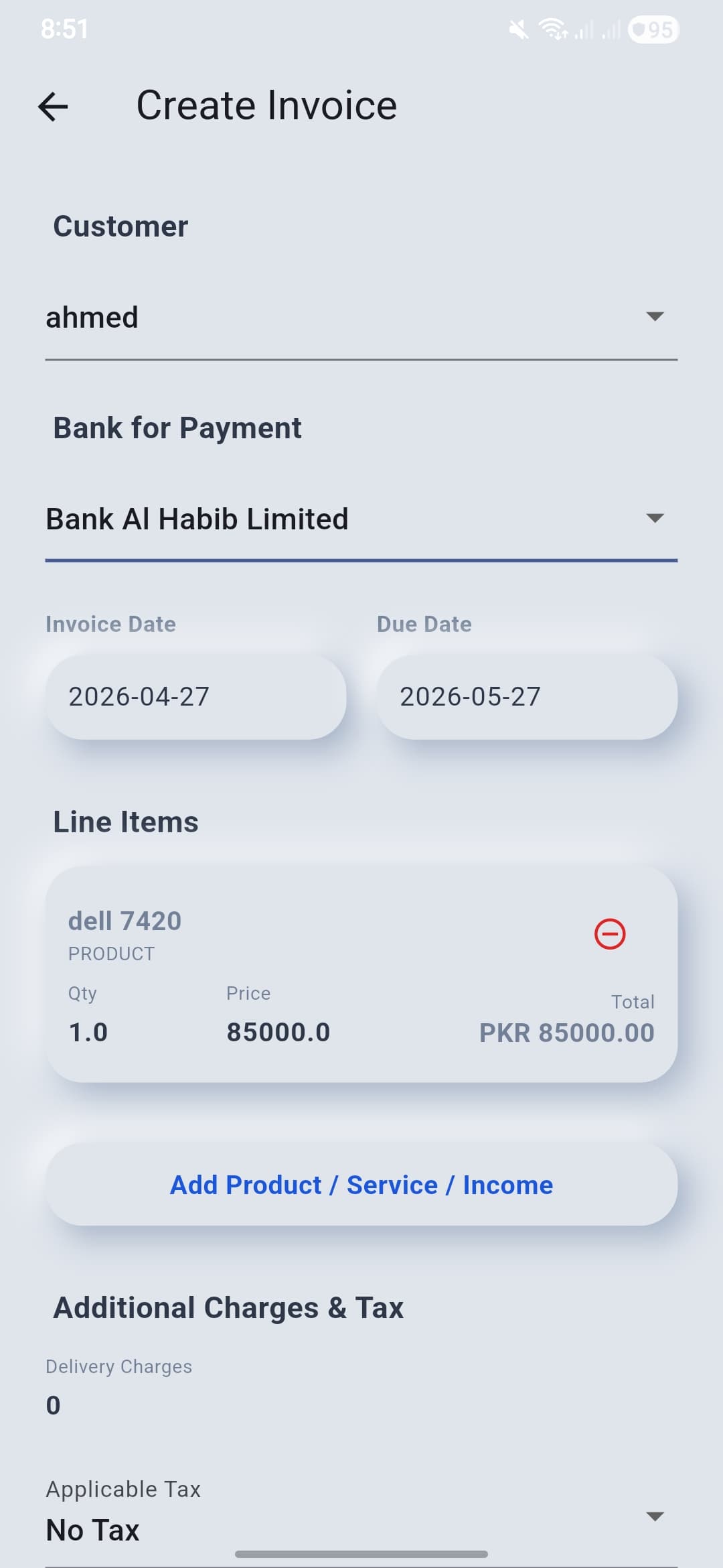 Real Create Invoice screen showing a customer, payment bank, dates, product line, delivery charges and tax selection.