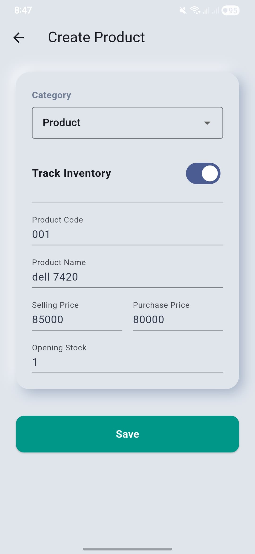 Real Create Product screen with category, inventory tracking, product code, selling price, purchase price and opening stock.