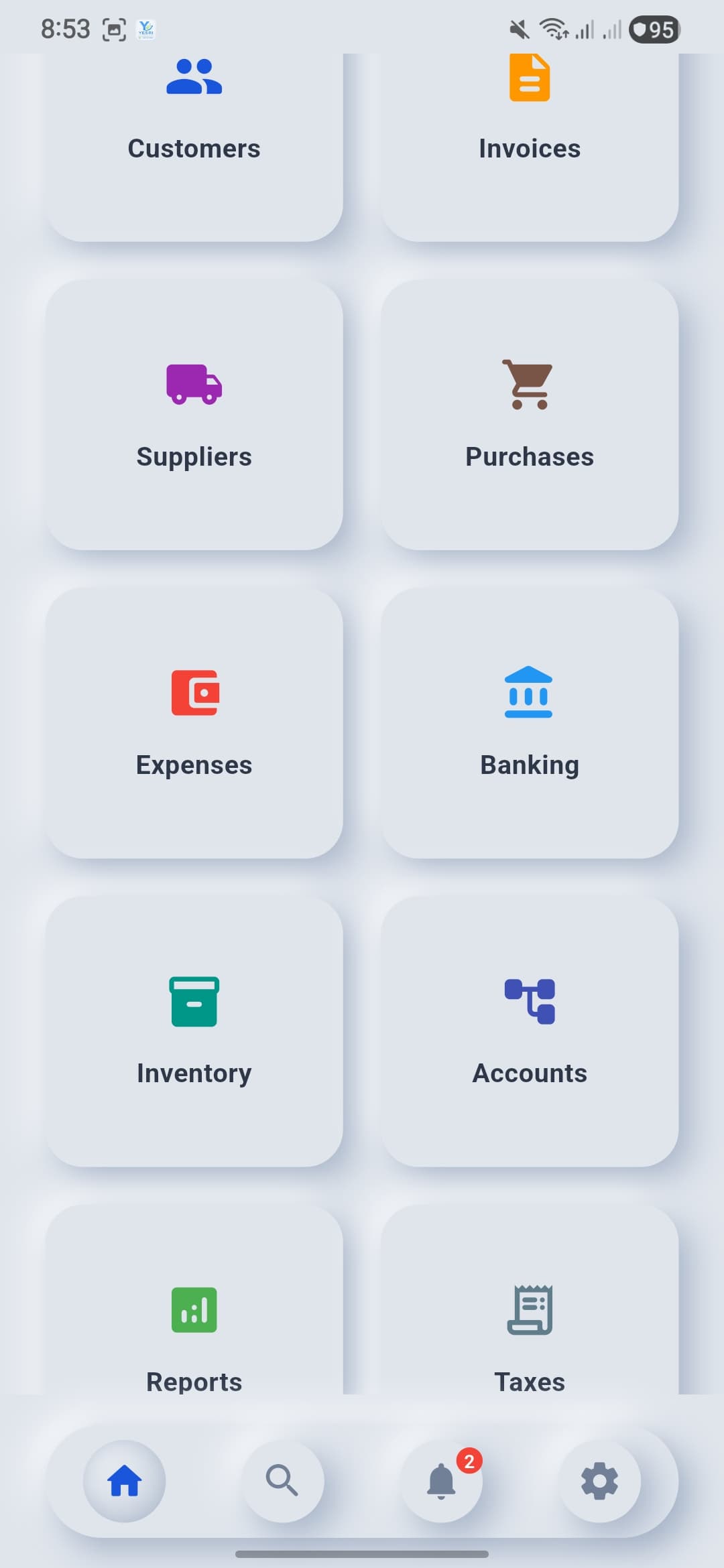 Yesri dashboard shortcuts for customers, invoices, suppliers, purchases, expenses, banking, inventory, accounts, reports and taxes.