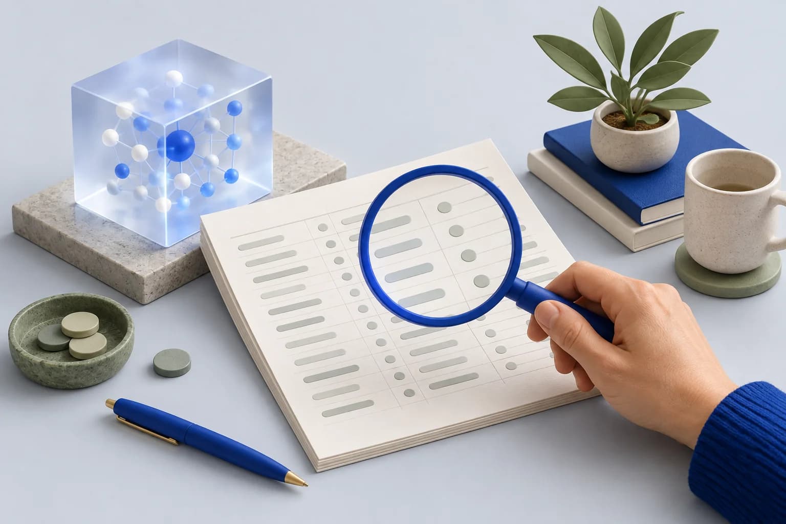 A hand holds a magnifying glass above a ledger beside a blue network cube, illustrating human review of AI bookkeeping.