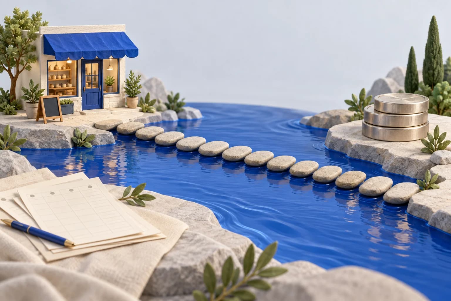 Blue stepping stones connect a small shop to coins across a stream, illustrating the timing of business cash flow.