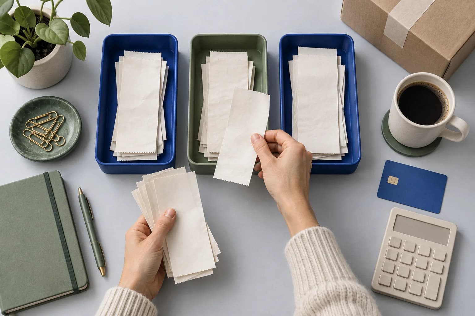 Hands sort blank receipts into blue and sage trays beside a plain bank card, calculator and business supplies.