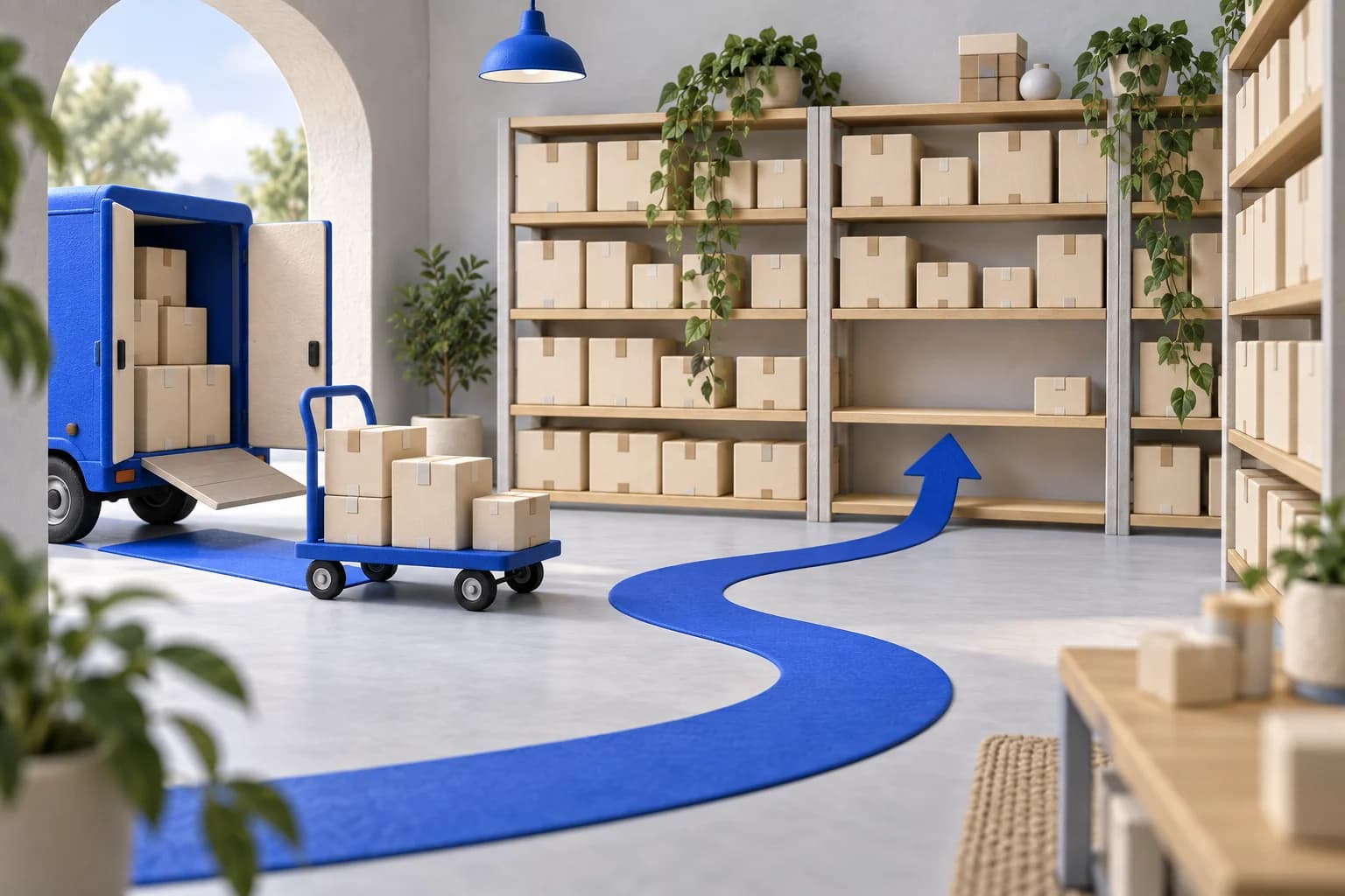 A blue delivery trolley brings boxes toward a nearly empty shelf along a curved blue path in an organized stockroom.
