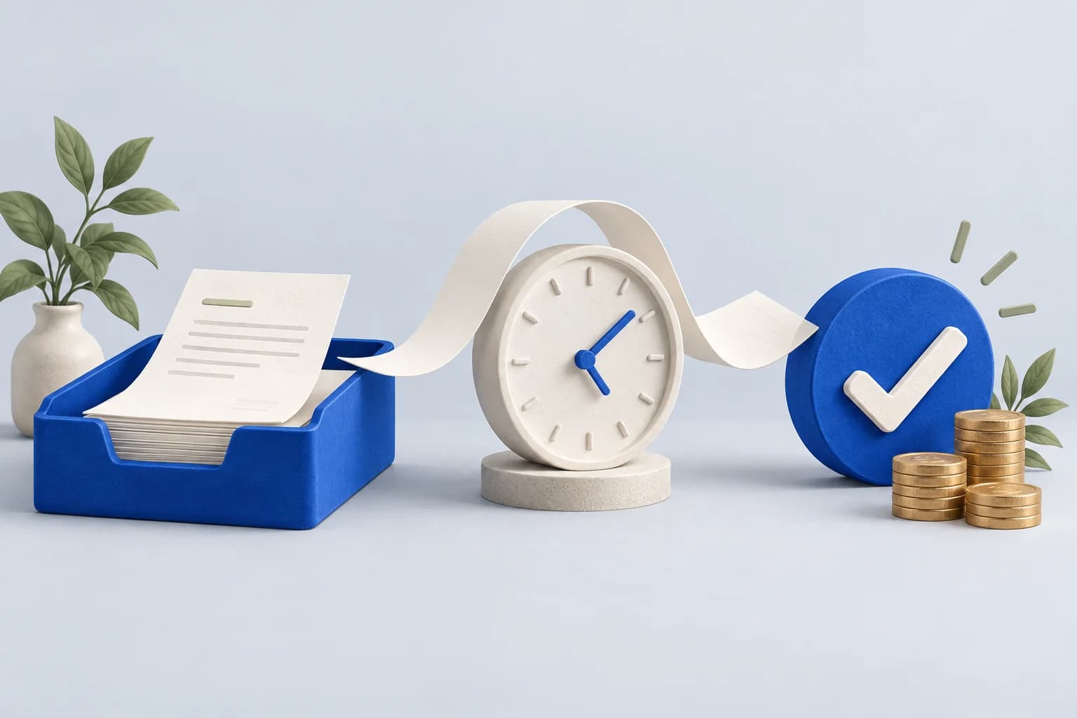 An invoice tray, blue clock and approved payment coins illustrate the path from sending an invoice to collecting payment.