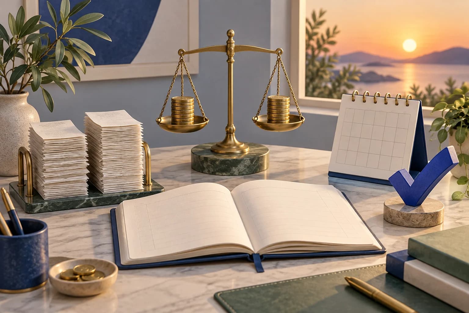 An open ledger, balanced coin stacks, blank calendar and blue check sculpture sit on an orderly desk in warm evening light.