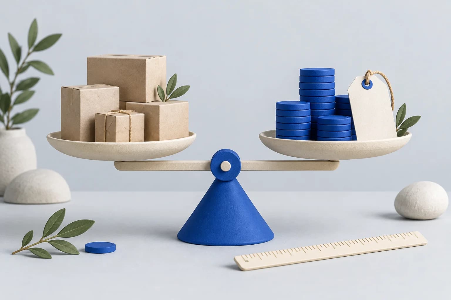 A blue balance scale weighs product boxes against coins and a price tag, illustrating pricing and margin decisions.