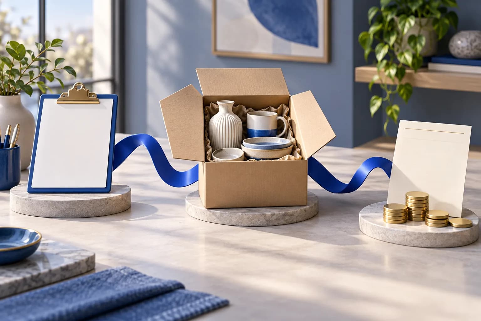 A blue ribbon connects a blank order clipboard, a delivered box of ceramic goods and an invoice-shaped document beside coins.