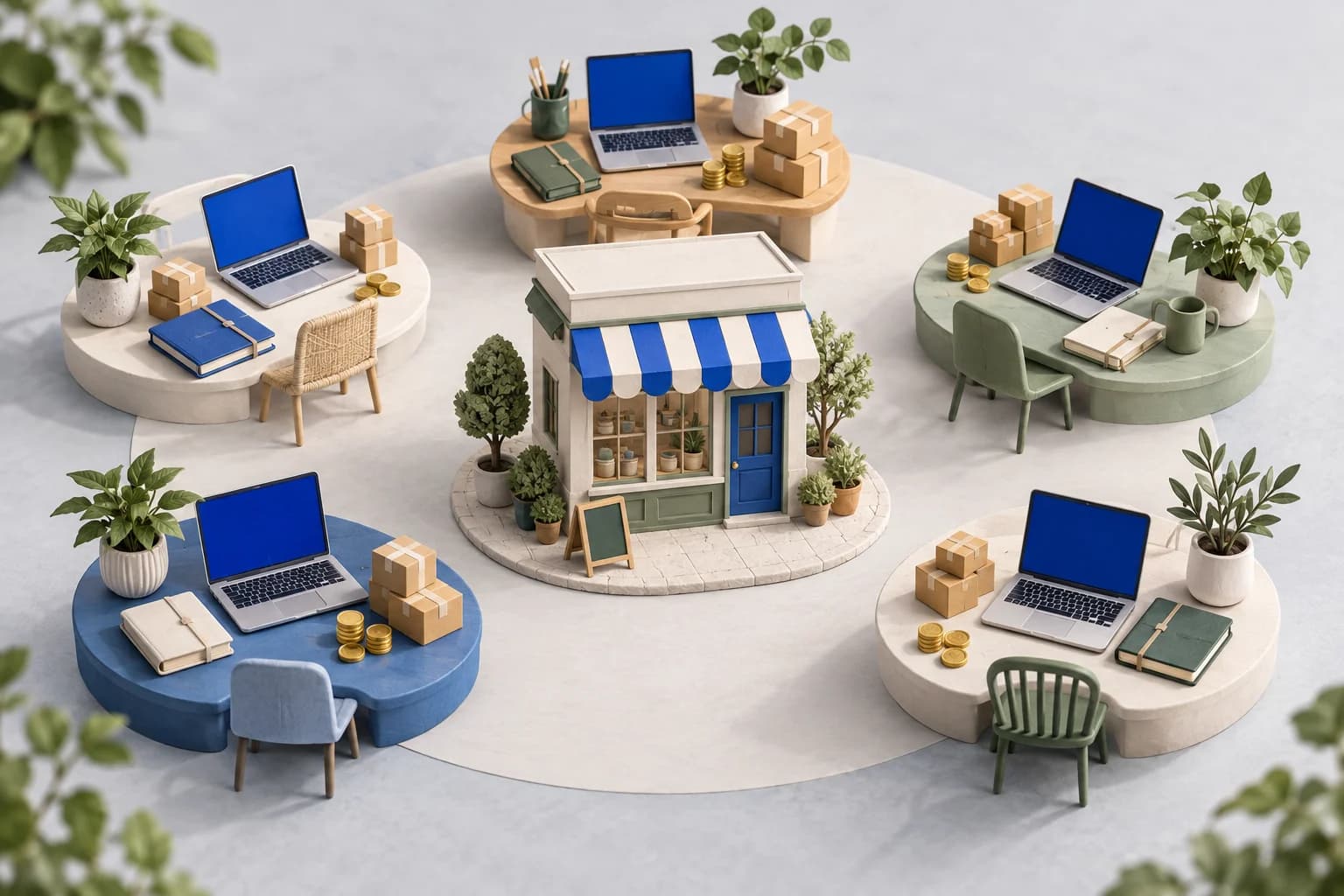 Five miniature workstations with blue-screen laptops surround a small shop, representing different software choices for one business.