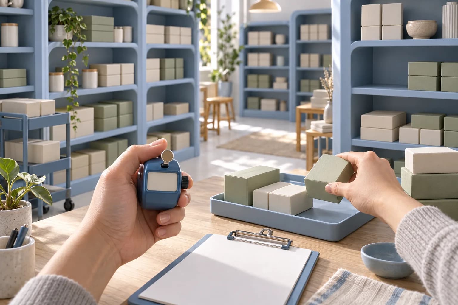 Hands check a box with a blank tally counter in an organized blue stockroom, with a clipboard ready to record the physical count.