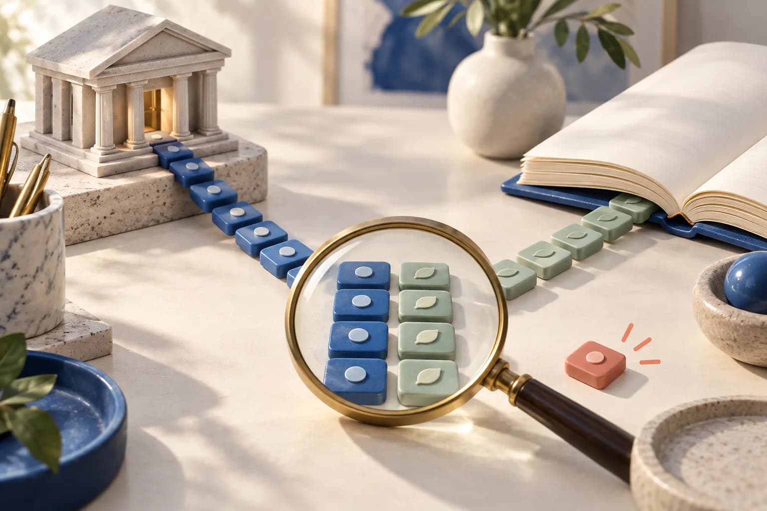 Blue and sage transaction tiles from a miniature bank and open ledger form matching pairs under a magnifying glass, with one unmatched tile aside.