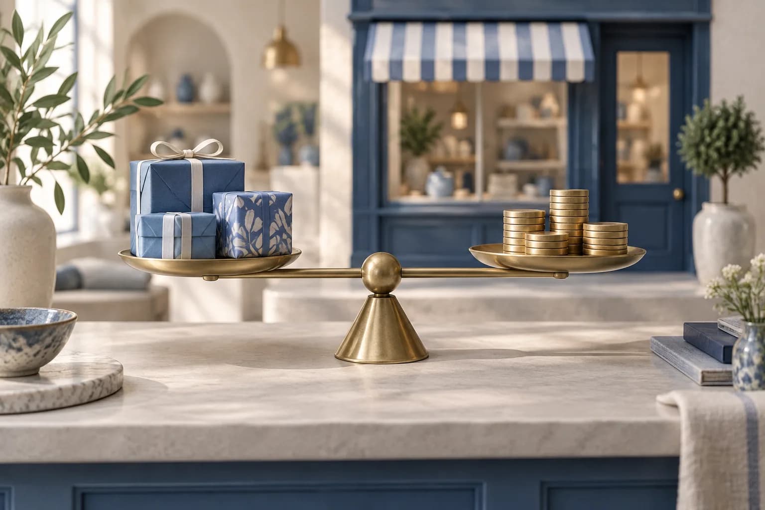 A balanced brass scale holds wrapped blue products opposite coin stacks on a shop counter, illustrating the balance between sales and costs.