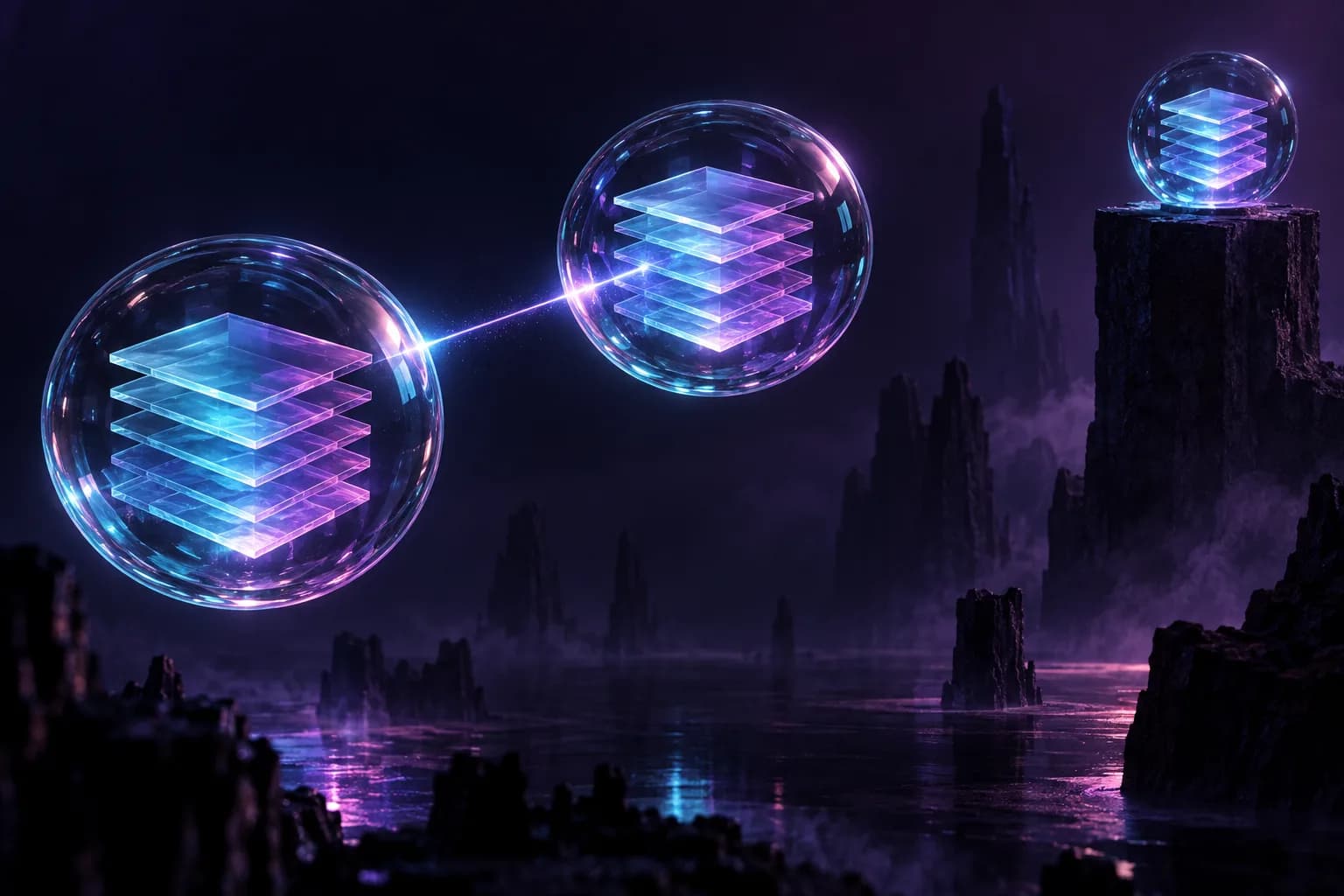Three glass spheres contain matching luminous layers in a violet landscape; a light beam connects two while the third rests on a separate distant pedestal.