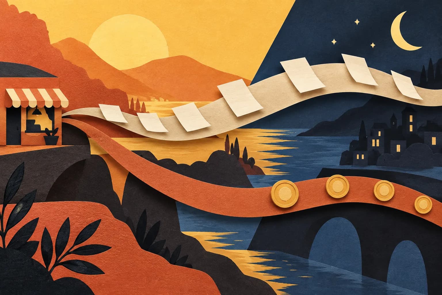 Layered paper ribbons carry blank invoices and payment tokens across a warm daytime landscape into a dark night scene, illustrating different accounting dates.