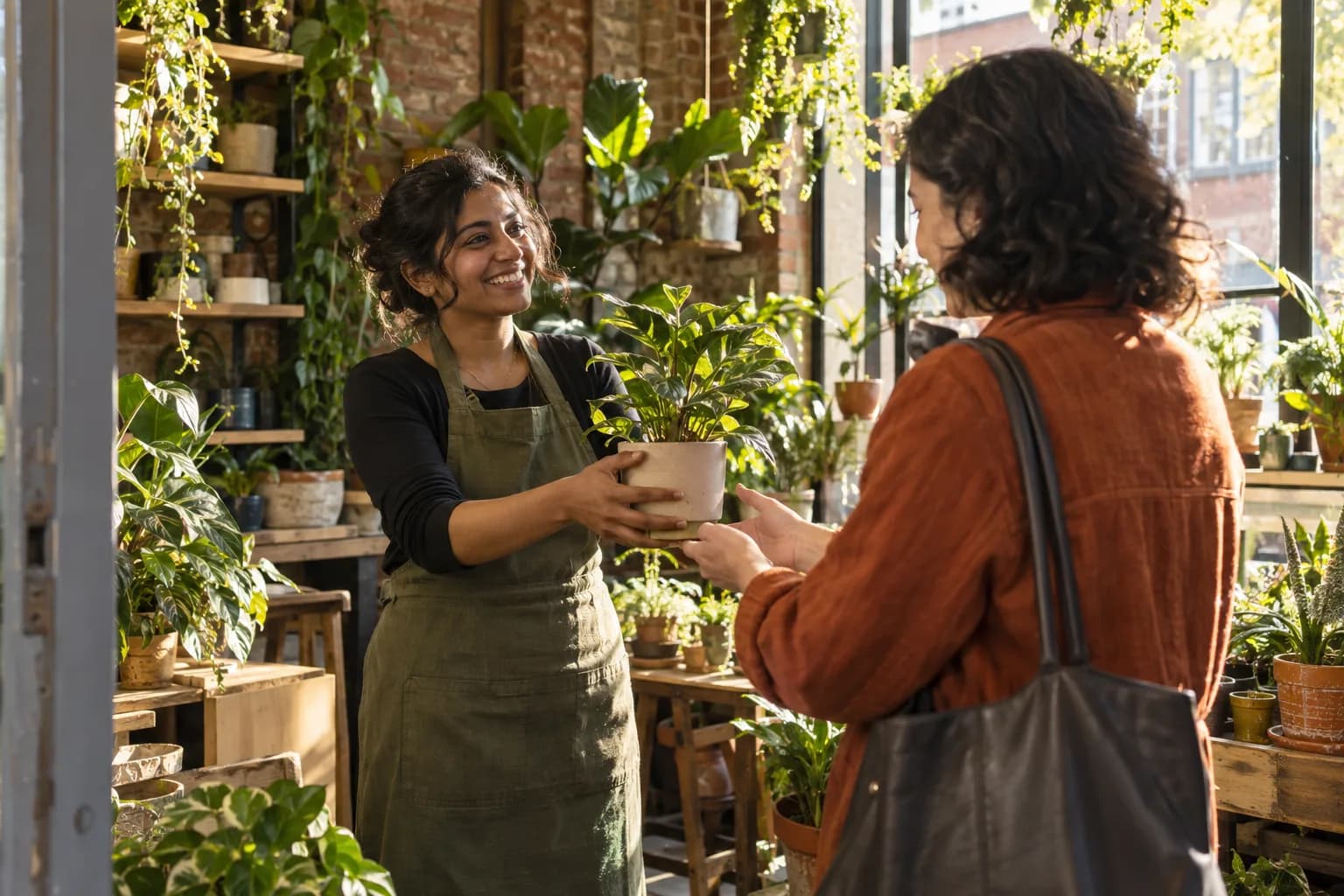 AI-generated editorial scene of a plant shop owner in a green apron handing a potted plant to a customer in a rust-colored jacket, surrounded by sunlit greenery.