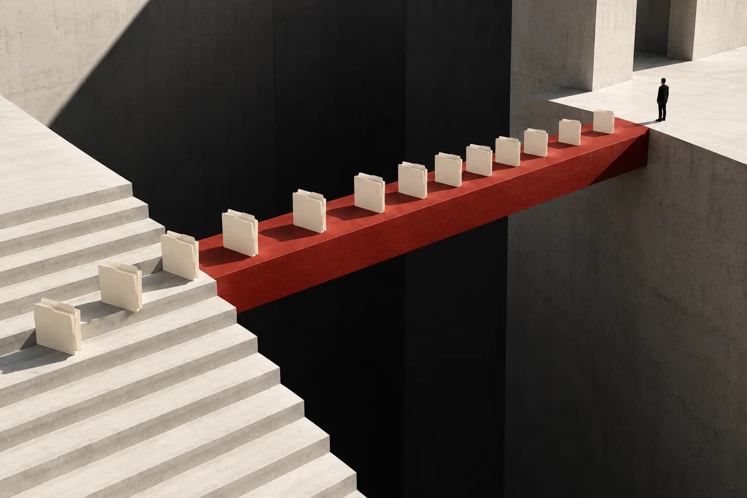 Blank cream file folders cross a vermilion bridge between white concrete platforms above a dark gap, with a small figure observing at the far end.